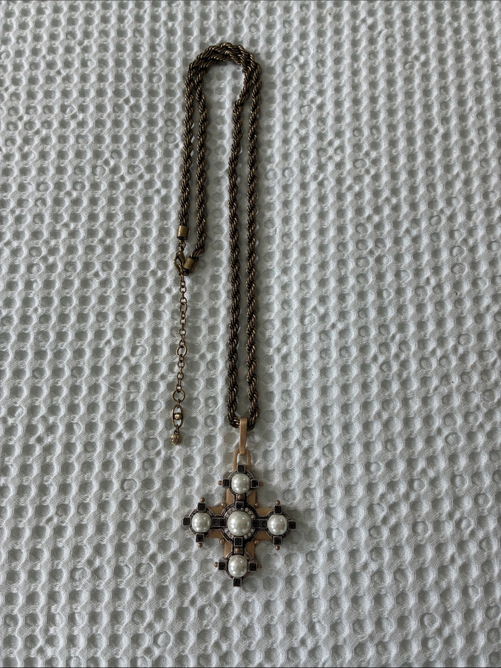 Gold-Tone Cross Pendant Necklace with White Pearlescent Cabochons